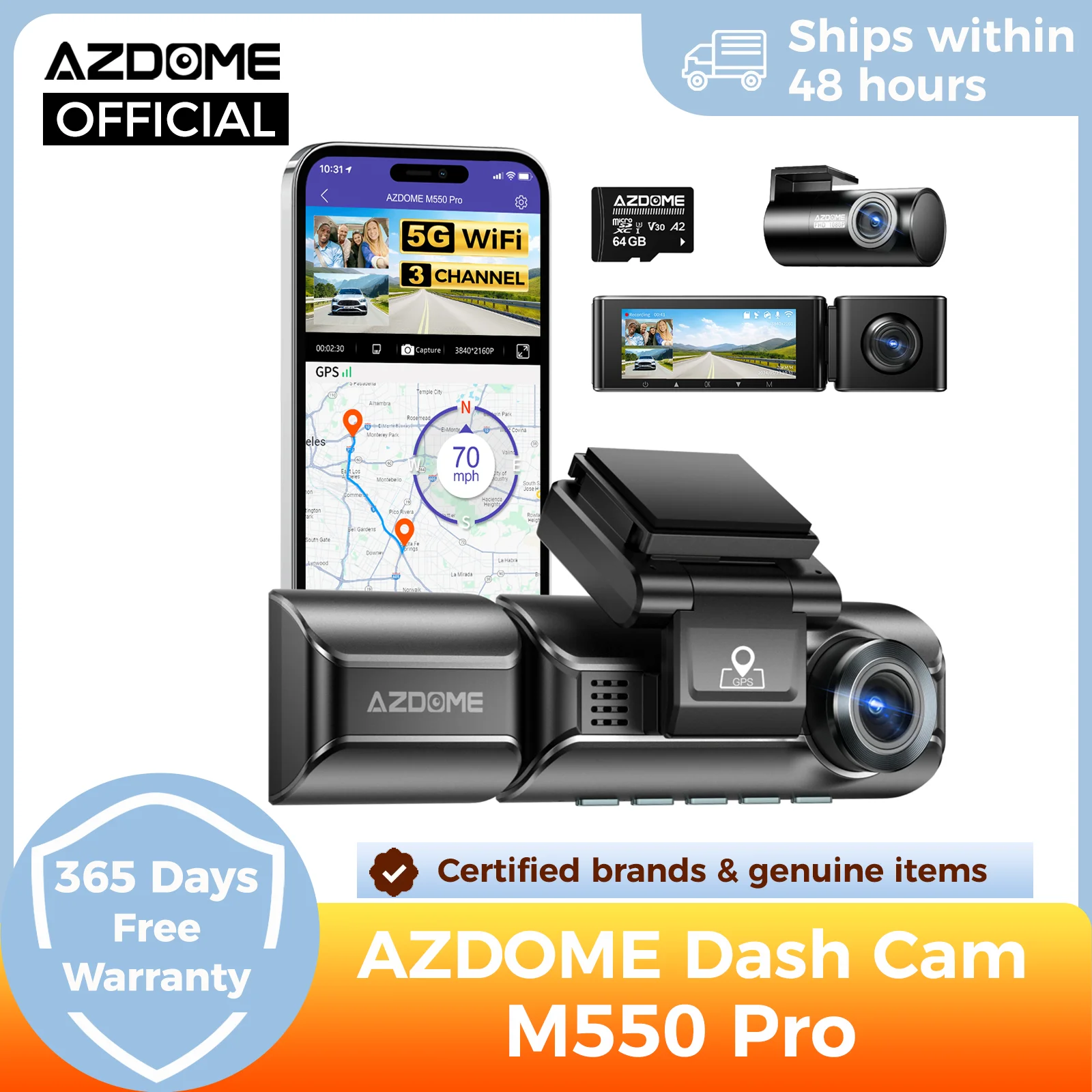 AZDOME M550 Pro: كاميرا مراقبة السيارة ثلاثية القنوات بدقة 4K مع GPS وواي فاي ورؤية ليلية
