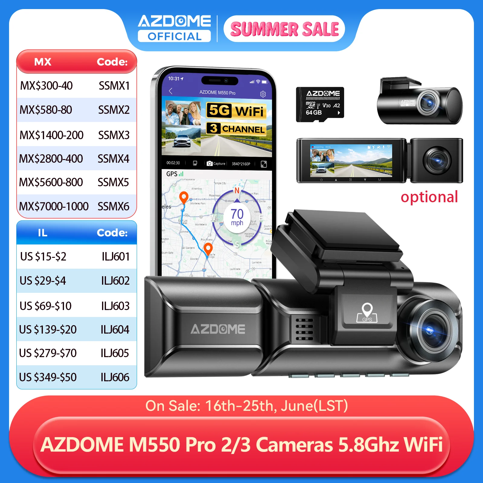ترقية AZDOME M550 Pro جهاز تسجيل فيديو رقمي للسيارات داش كام 4K 5.8Ghz WiFi 2/3 كاميرات أمامية/مقصورة/خلفية نظام تحديد المواقع للرؤية الليلية شاشة ركن السيارة داش كا