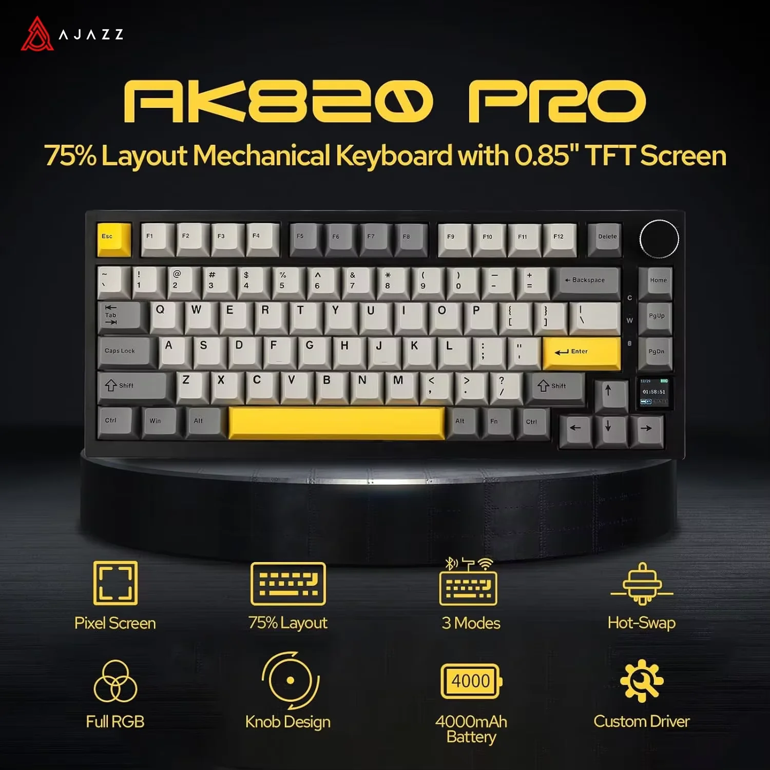 لوحة مفاتيح ميكانيكية Ajazz AK820 Pro: شاشة TFT، واتصال ثلاثي (75% مدمج)